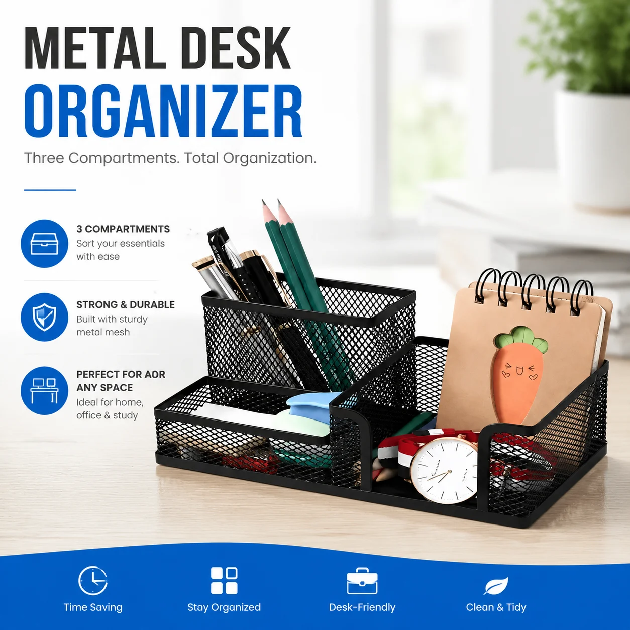Metal Desk Organizer 3 Divisions Wire Mesh Pencil Pen Clips Holder for Office Home Desk Black