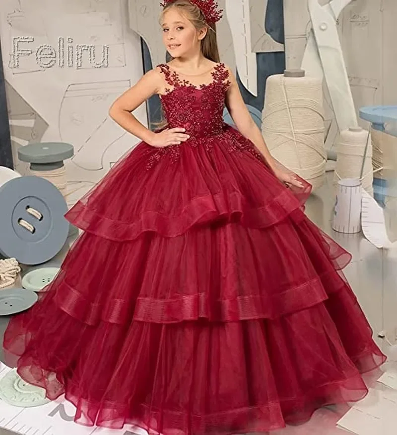 Customized Scoop Tiered Kids Wine Red Flower Girl Dress for Wedding Pearls Lace First Communion Ruffle Princess Birthday Gown