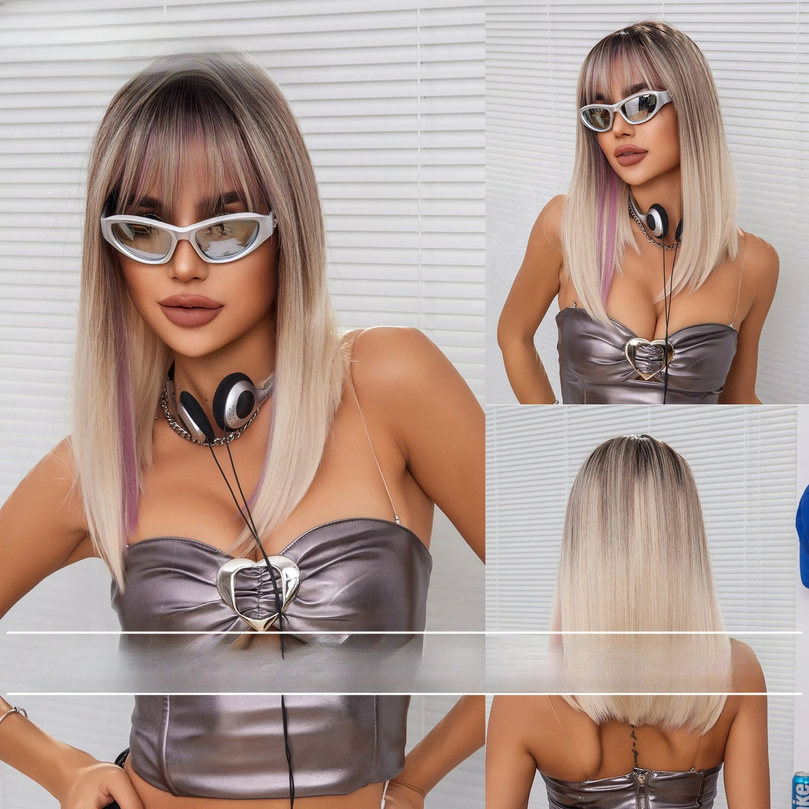 

Qi Bangs Rice Pink Long Straight Hair Natural Traceless Punk Style Wig Full Headgear Female