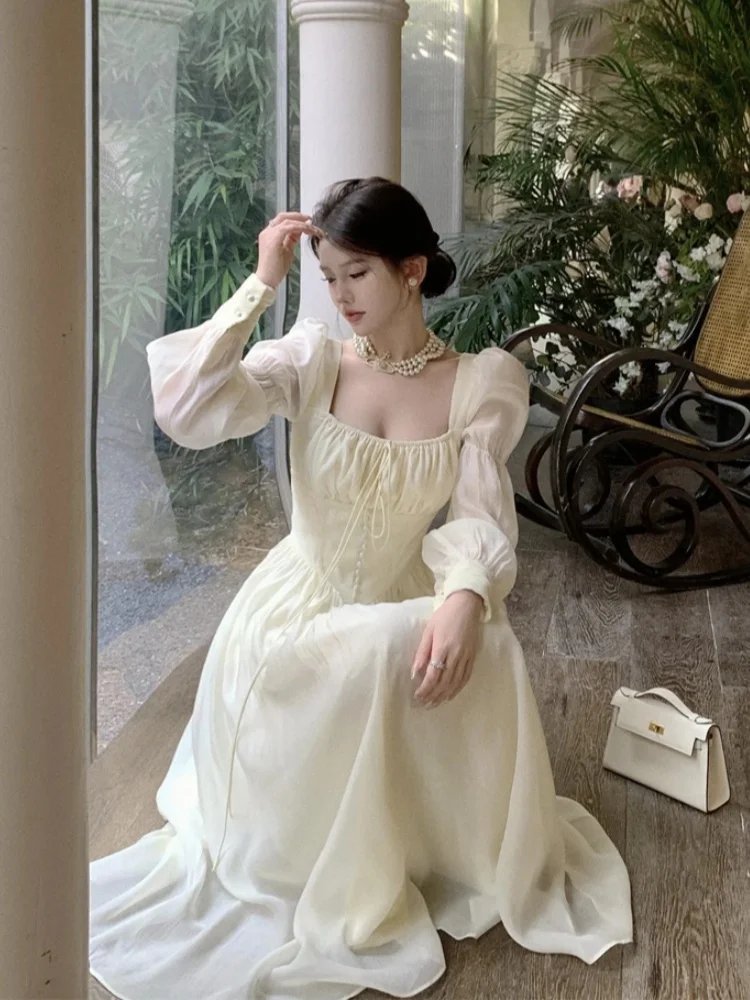 Elegant Princess Party Dress Women High Waist A-line Lace Up Autumn Spring French Vintage Prom Robe One Piece Vestidos Mujer New image 6