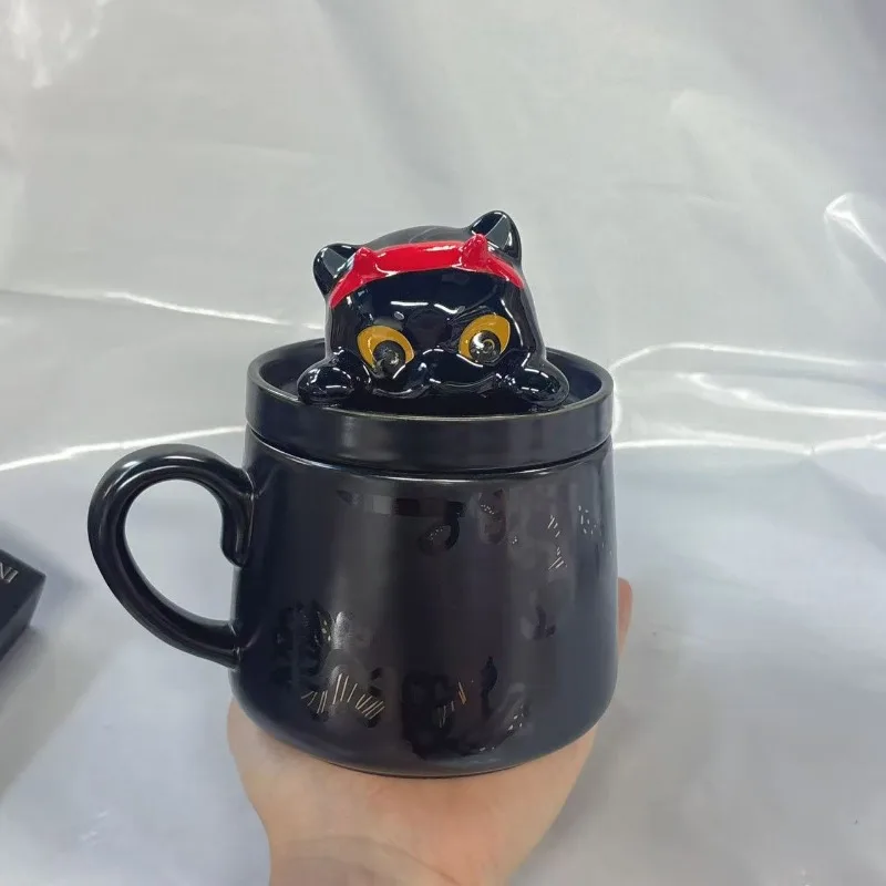 Caneca de Halloween Starbucks Gato Preto 355ml, Copo de Cerâmica com Tampa 3D, Presente Perfeito para Amantes de Gatos
