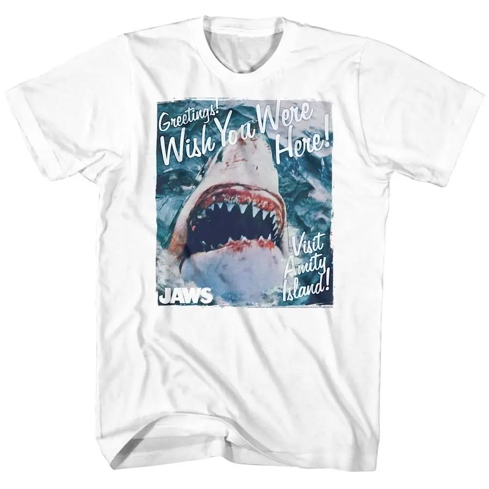 Jaws Visit Amity Island Greetings Postcard Men's T Shirt Great White Shark Bite