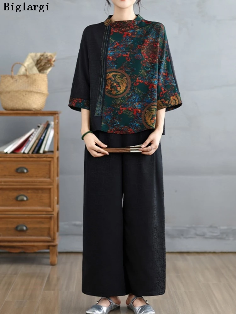 

Oversized Summer Chinese Style 2 Two Piece Set Women Print Vintage Modis Ladies Blouses Wide Leg Loose Elastic Waist Woman Pant
