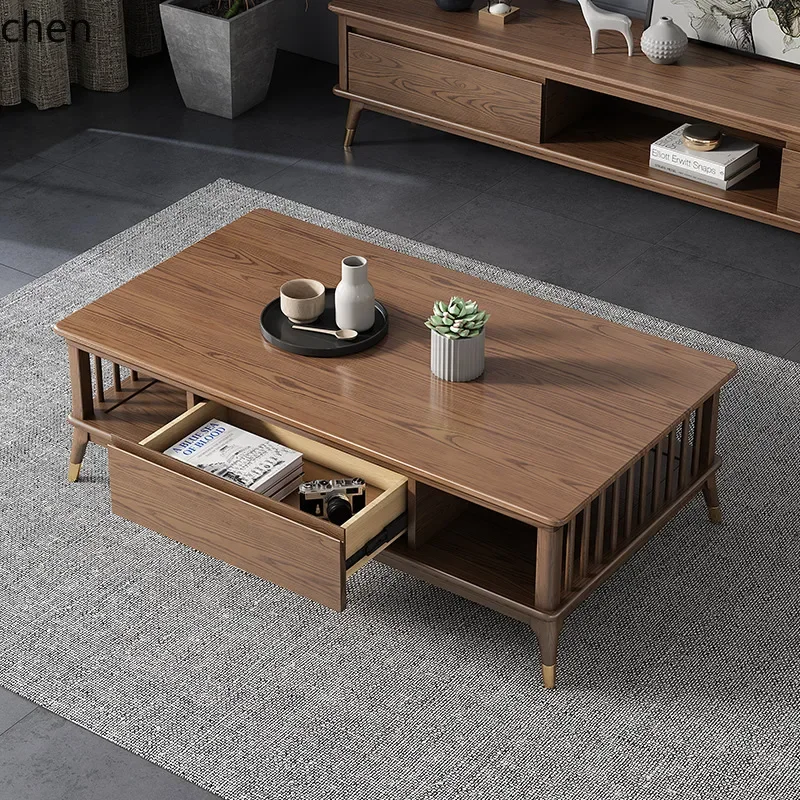 v1 Solid Wood Surface Coffee Table Living Room Coffee Table TV Cabinet Set Modern Simple Tea Table