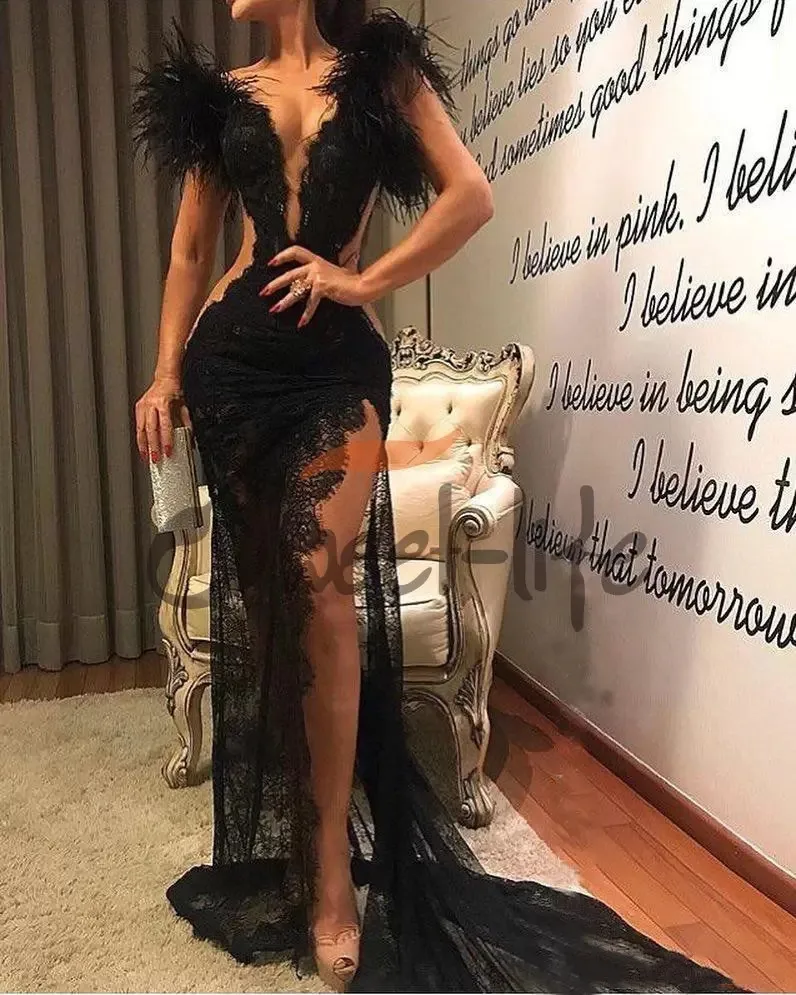 

Black Evening Dresses Sheath V-neck Tulle Lace Feather Slit Long Turkey Dubai Saudi Arabic Evening Gown Prom Dresses