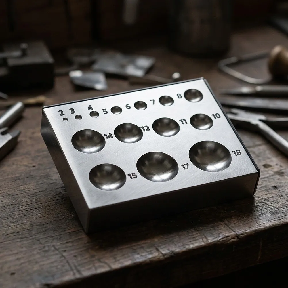 Steel Jewelry Dapping Block with Rectangular Layout and 14 16 18 Hole Count Supporting Multiple Dome Sizes in Tool