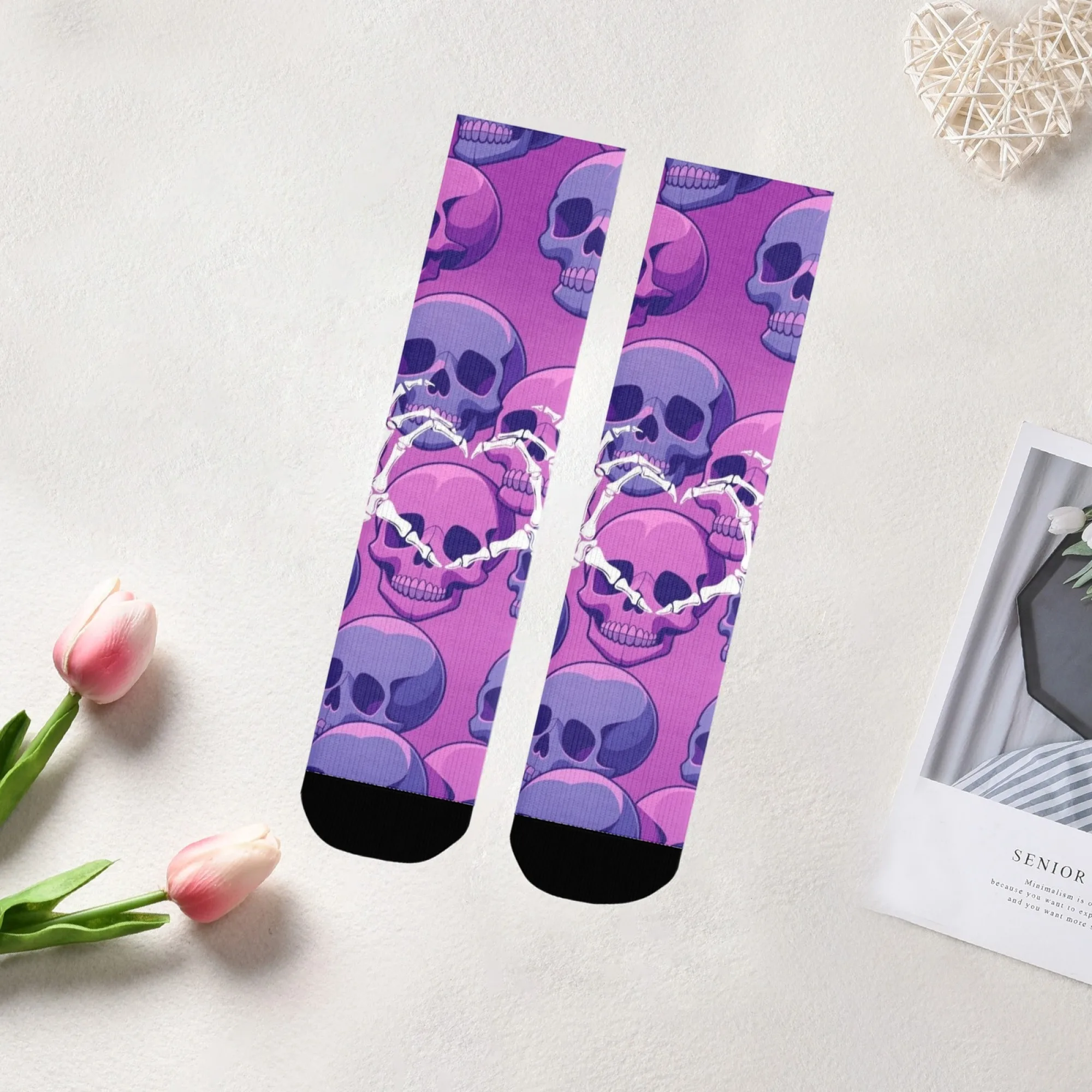 Dark Purple Tone Dark Skull Trendy Men Crew Socks Gradient Skeleton Pattern Socks for Alternative Fashion & Casual Street Wear