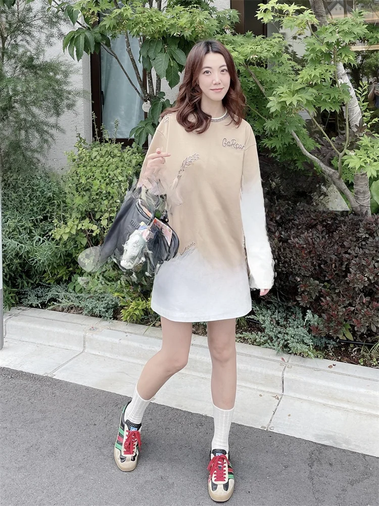 

GARCON by GARCON Embroidered Laurel Bead T-irt Fake Two-Piece Vintage Sle Loose Fit Cotton Long Sve round Ne T-irt