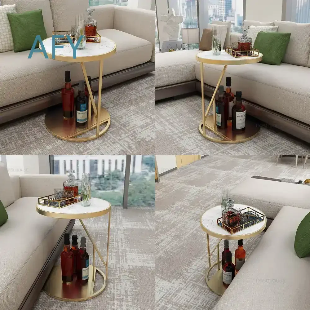 Double-layer Round Coffee Table for Balcony Bedroom Living Room Italian Style Storage Table for Small Apartment C-shaped Side