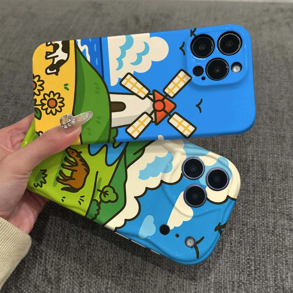 

Cartoon Horse River Field Phone Case For Apple iPhone 11 12 13 14 15 16 17 16E Air Plus Pro Max 2022 Wave Oil Film