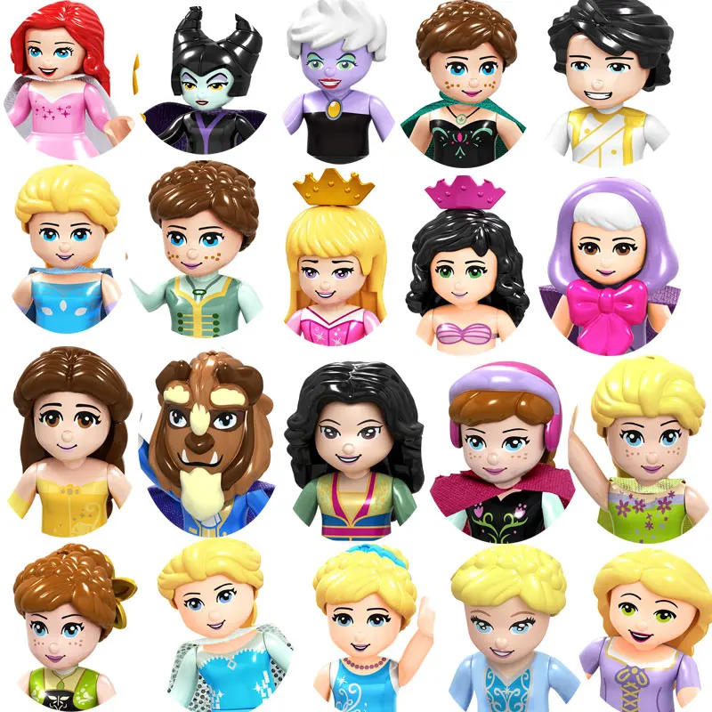 Disney Anna Elsa Princess Belle Beast Mermaid Anime Bricks Mini Action Figures Building Blocks Assemble Toys for Kids Gifts