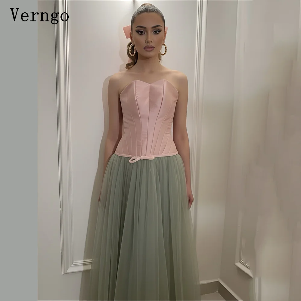 

Verngo Pink Green Evening Dress Strapless A Line Tulle Formal Occasiom Dress Contrast Color Prom Party Dress Customized