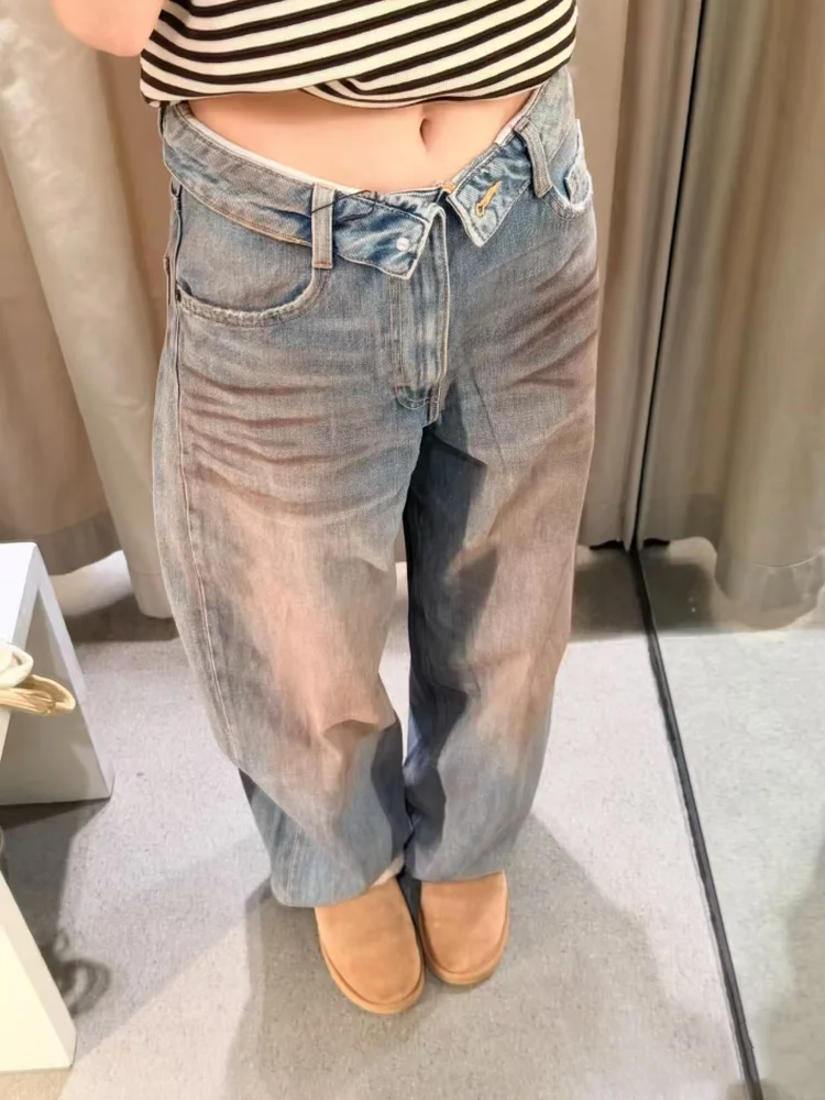 

Spring Summer New Style Spicy Girl Boyfriend Loose Wide Leg Jeans Cotton Natural Waist Button Pure Color Washed Hem Denim
