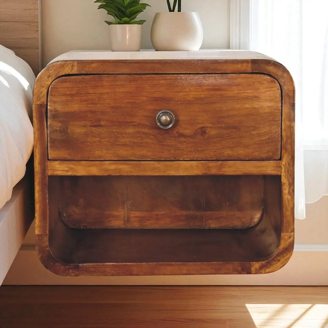 Solid Wood Mini Curve Floating Nightstand 1 Drawer & Open Slot Chestnut Finish Bedroom Storage, Customized