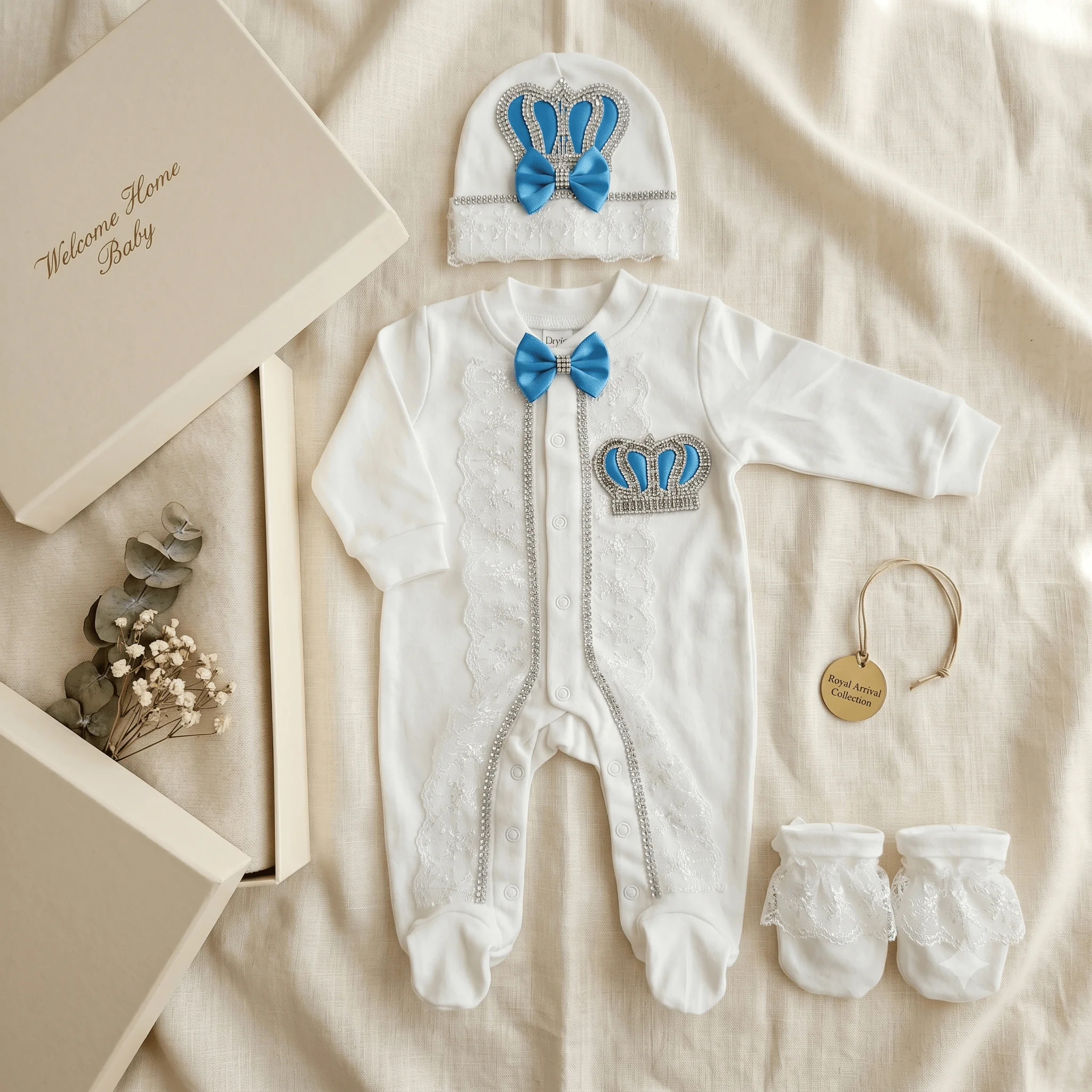 Premium Soft Cotton Baby Boy Ceremony Romper Set 3Pcs  Rhinestone Crown Lace Hat Mittens Newborn Photography Outfit