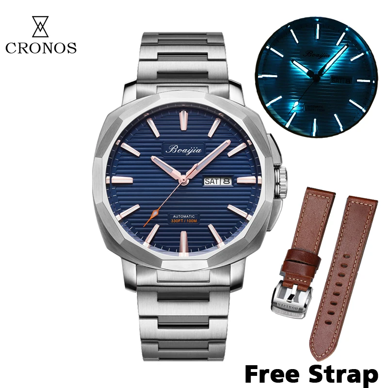 Cronos Boaijia Stainless Steel Diver Men Watch Automatic 8205 Date&Week 10ATM Leather Strap