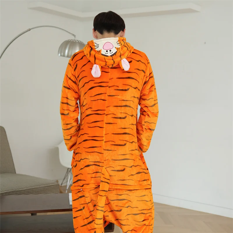 Adult Couple Flannel One-piece Sleepwear Cartoon Animal Ankle-length Pajamas  Winter Onesie Cosplay Tiger Costume Loungewear