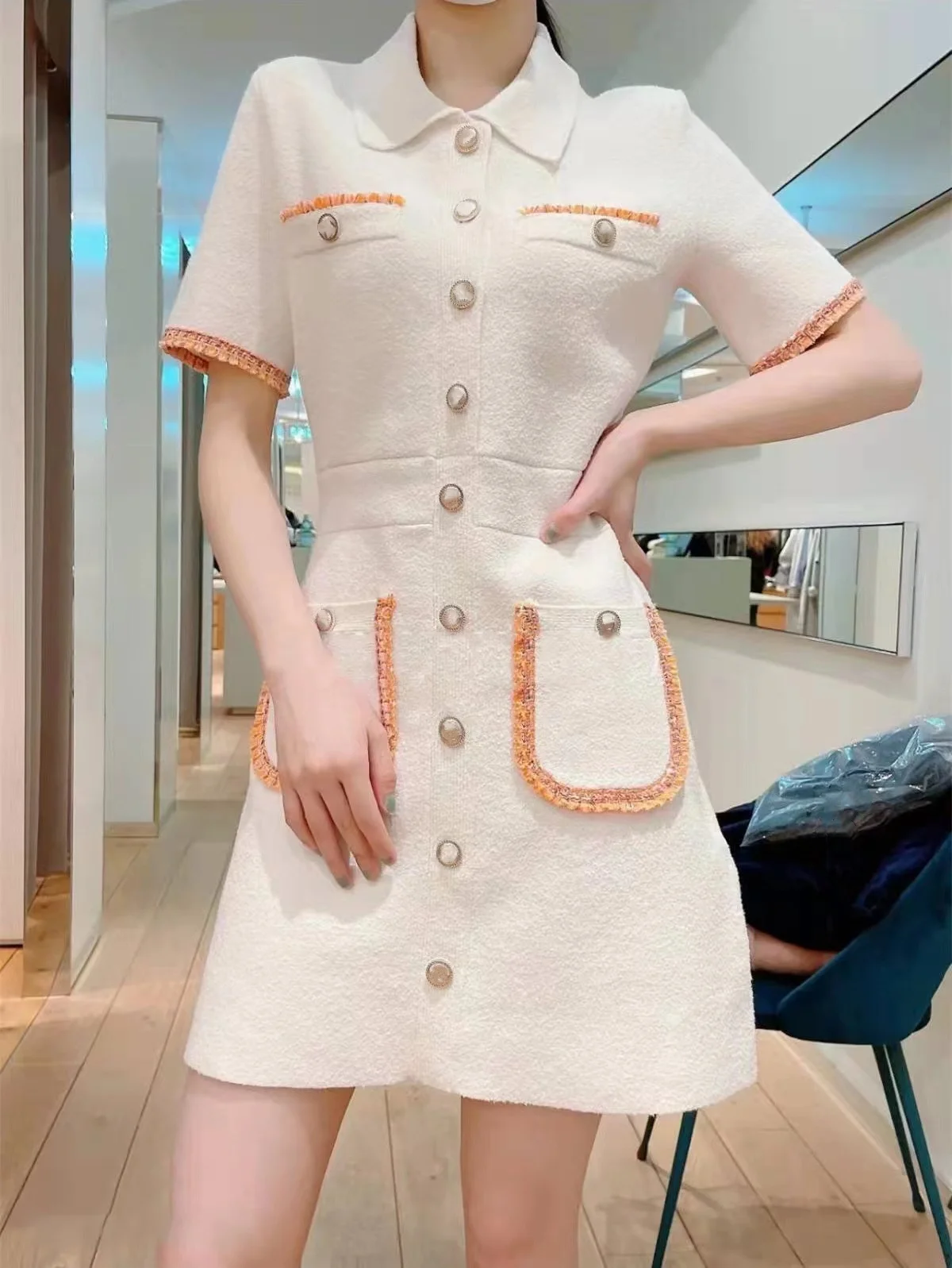 

Women's Short Sleeve Dresses Contrast Turn Down Collar Buttons Elegant Ladies Knitted Waistband Mini Robe Early Spring New