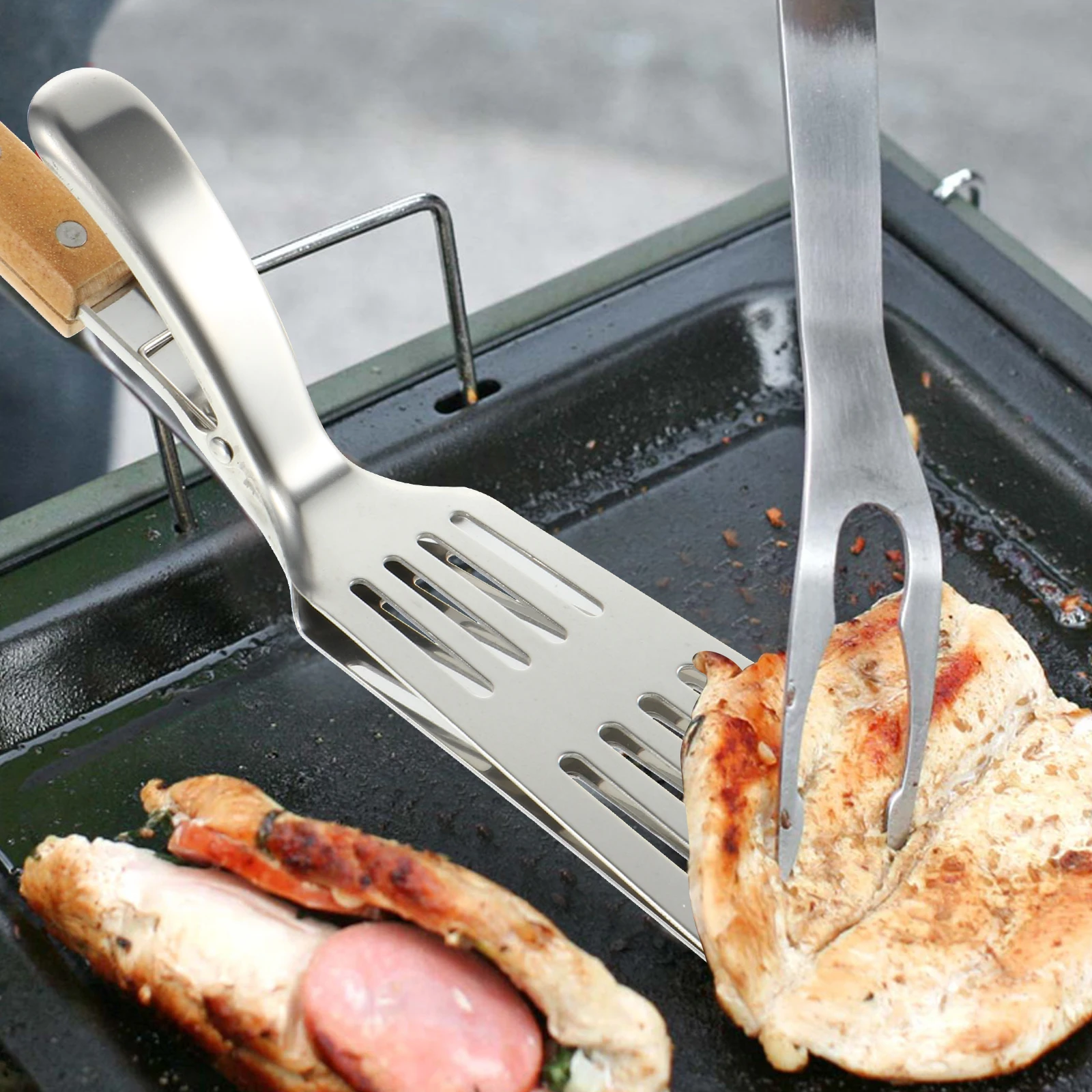 

Stainless Steel Spatula 1PC Slotted Clamp Drain Grease Outdoor Party Wedding Lightweight Ergonomic Bamboo Handle Anti