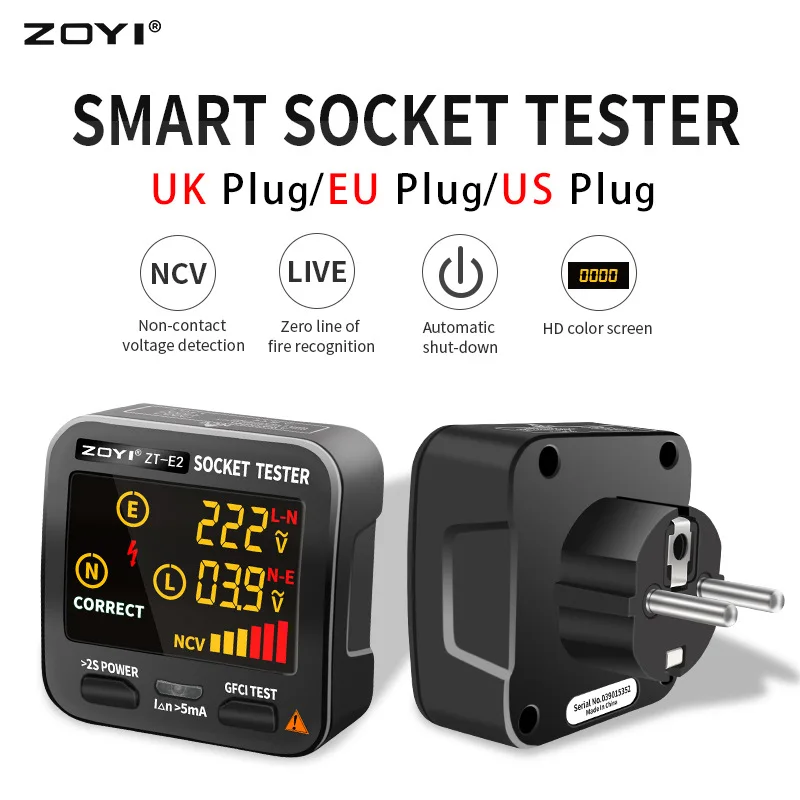 ZOYI ZT-E2  Digital Smart Socket Tester Voltage Test Socket Detector EU Plug Ground Zero Line Phase Check Rcd NCV test