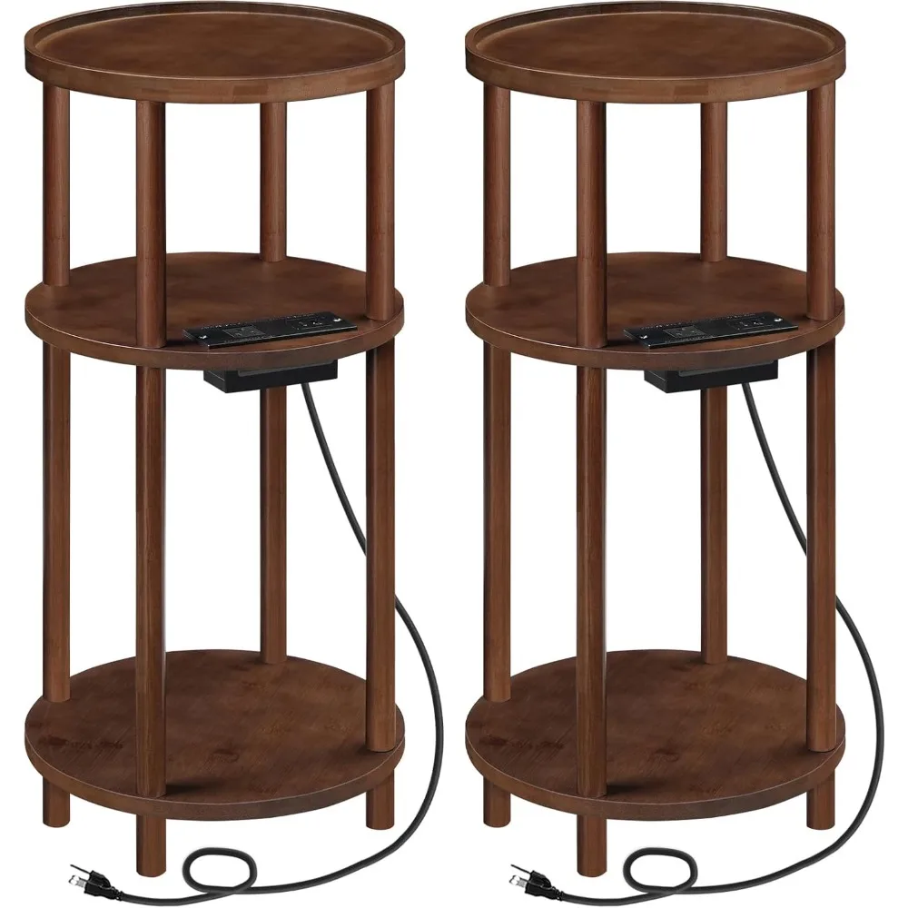 HOOBRO Set of 2 Small Round Side Tables with Charging Station, 3-Tier Round Bamboo End Tables, Compact Sofa Bedside Tables, Easy