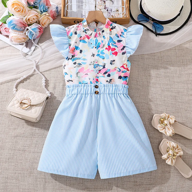 

2024 Summer Child Clothes Sets Sleeveless Ruffles Print Floral Tops Blue Shorts 2 Piece Sets Designer Girls Clothes Sets 8-12T