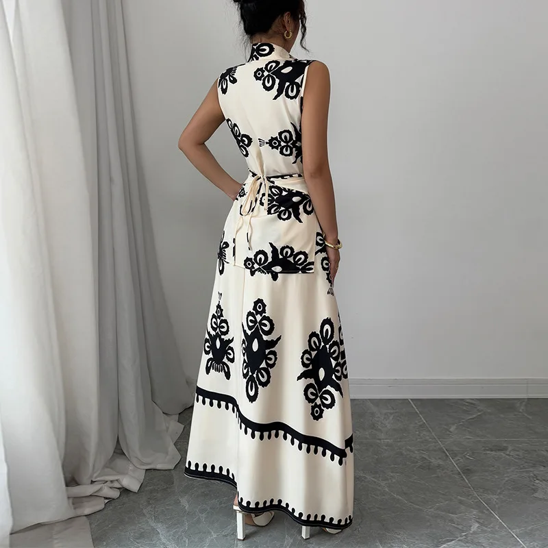 レディース 2025年新作 バケーションスタイル ノースリーブシャツ＆サッシュミディスカート ツーピースドレスセット