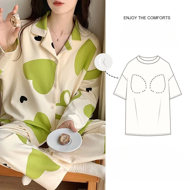 Women Spring Autumn 2024 Latest Pyjamas with Chest Pad Cotton Sleepwear Long Sleeve Lapel Loose Nightgown Cute Big Size Pajamas