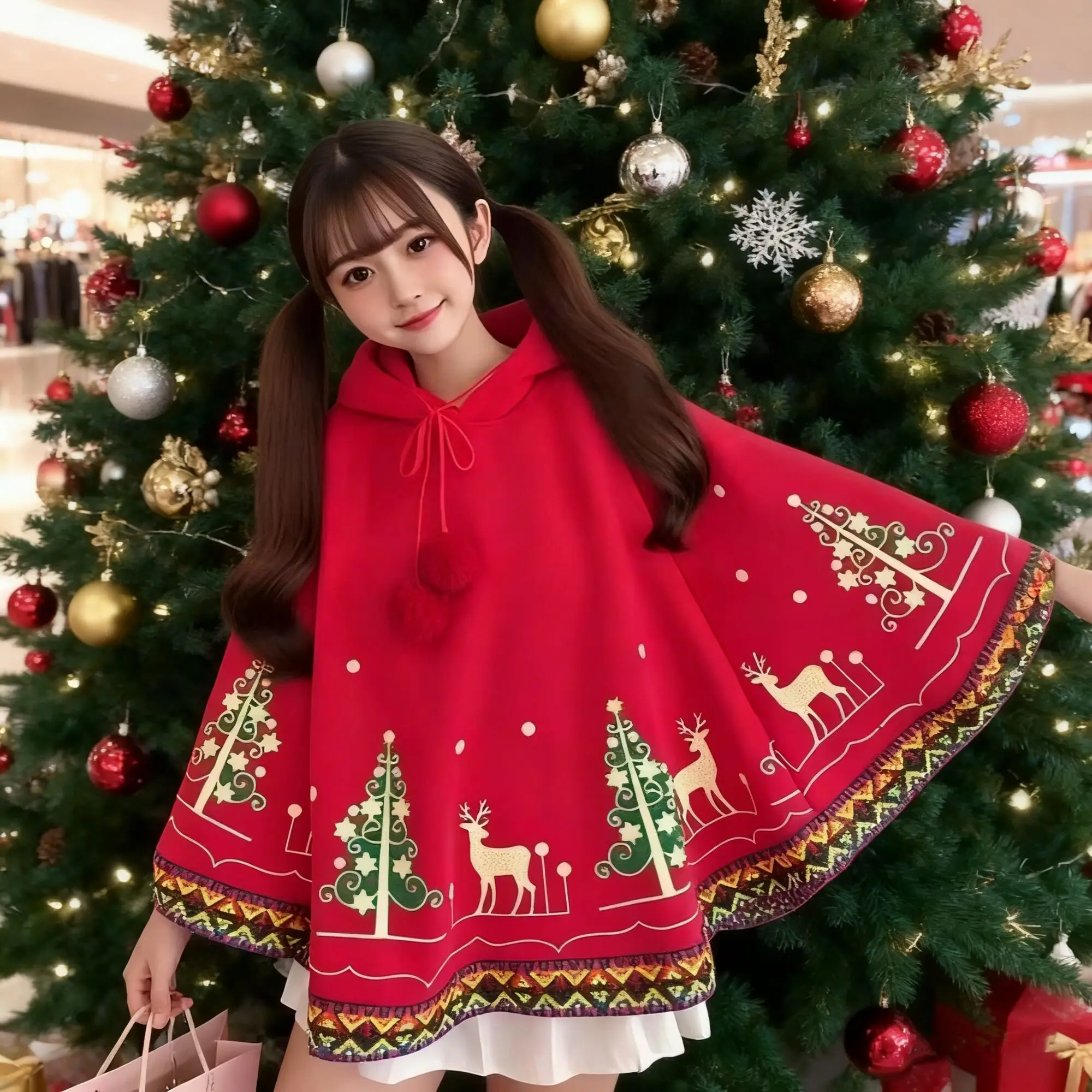 

Cute New Year Clothes Harajuku Lolita Cloak Winter 2025 Christmas Women Hooded Cape Loose Casual Pullover Batwing Sleeve Poncho