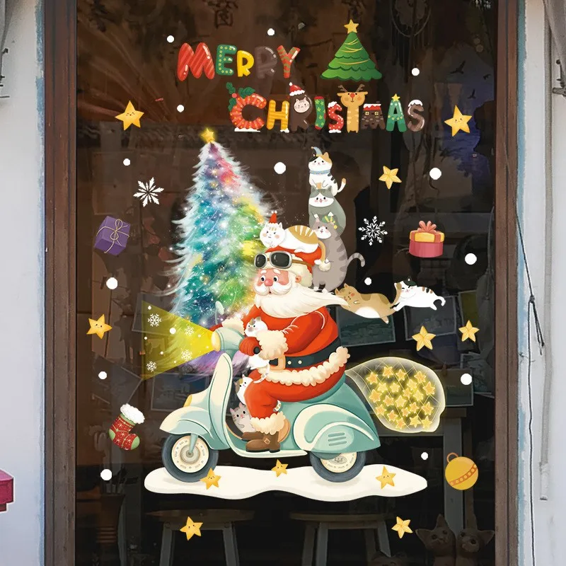 2024 Christmas Window Stickers Santa Claus Xmas Tree Cartoon Glass Decal Merry Christmas New Year Holiday Decorations for Home