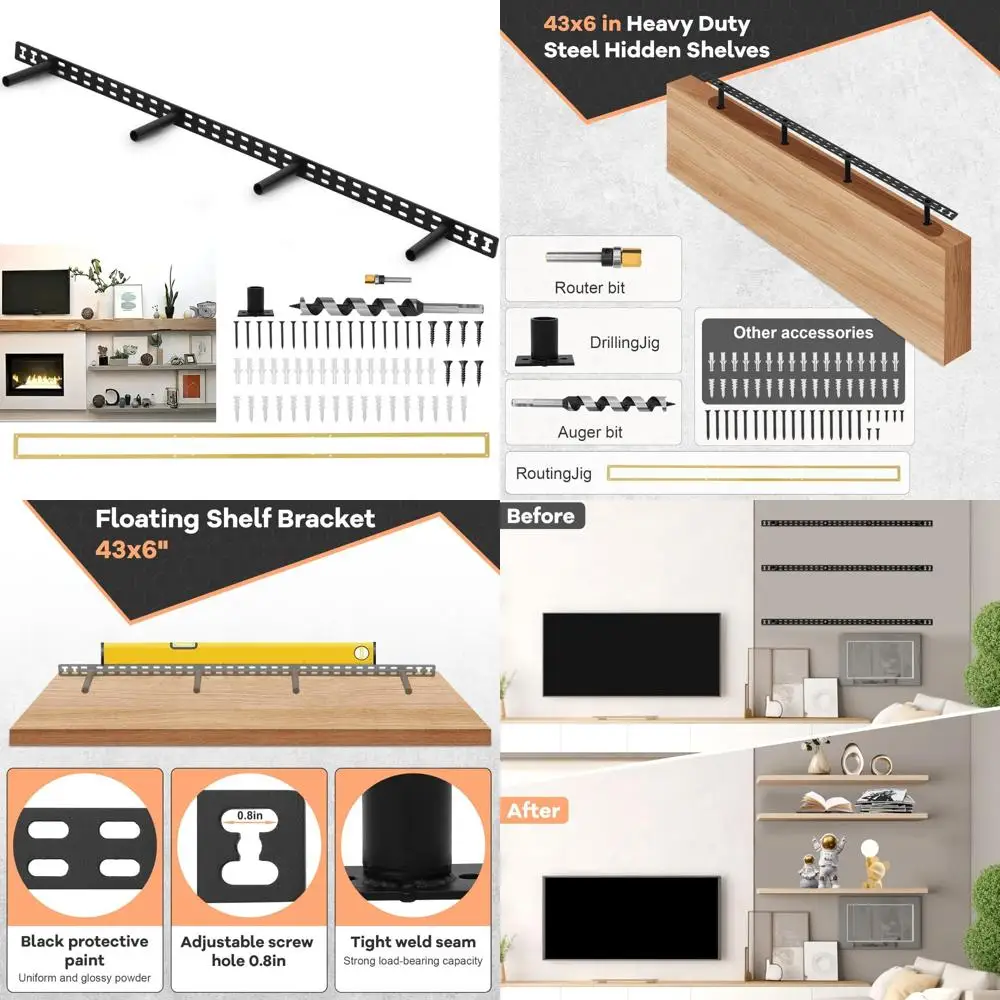 دعامات أرفف عائمة كبيرة الحجم مقاس 43 × 6 بوصة، أجهزة تثبيت على الحائط مخفية، فولاذ صلب سميك لدعم قوي، متينة #1