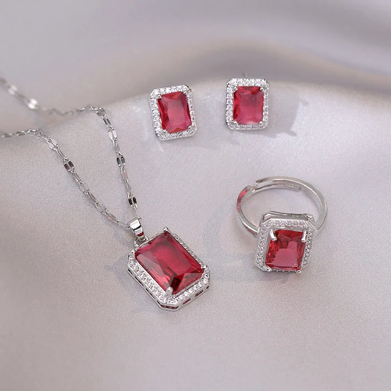 4-piece Set Luxury Red Zircon Geometry Pendant Necklace Earrings Set Banquet Wedding Anniversary Gift Women\'s Jewelry Set Gift