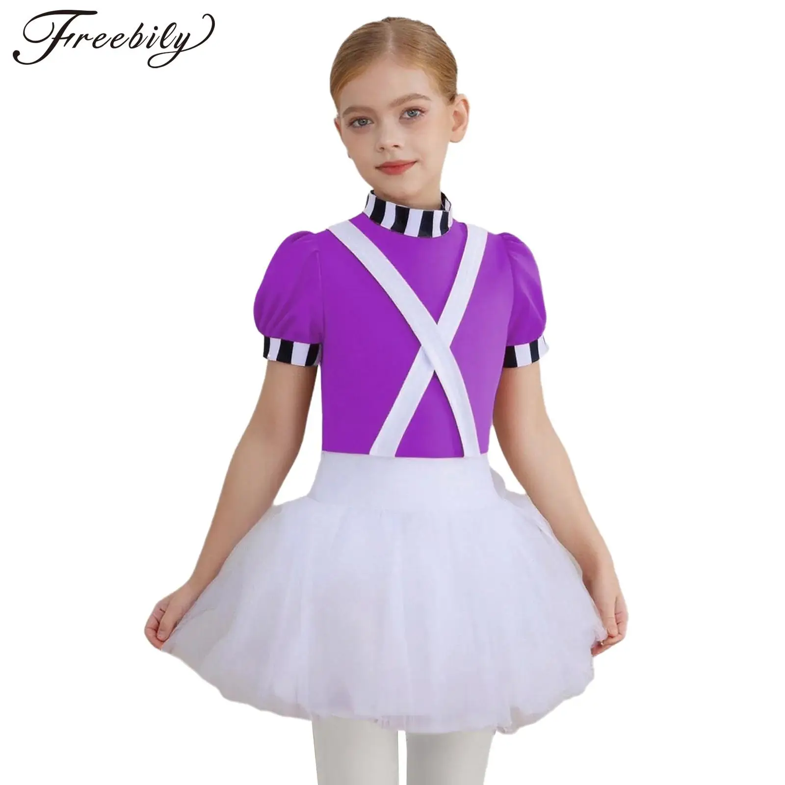 Children Girls Chocolate Factory Worker Costume Halloween Theme Party Movie Character Cosplay Dress Short Sleeves Tutu Leotard