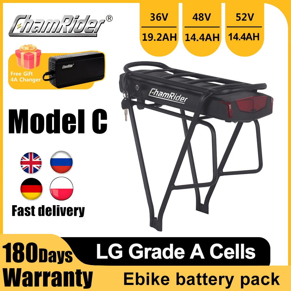 ChamRider Ebike Battery 48V Rear Rack Battery 52V Electric Bike Battery Lithium Battery Powerful Capacity 36V 50A BMS 21700 Cell