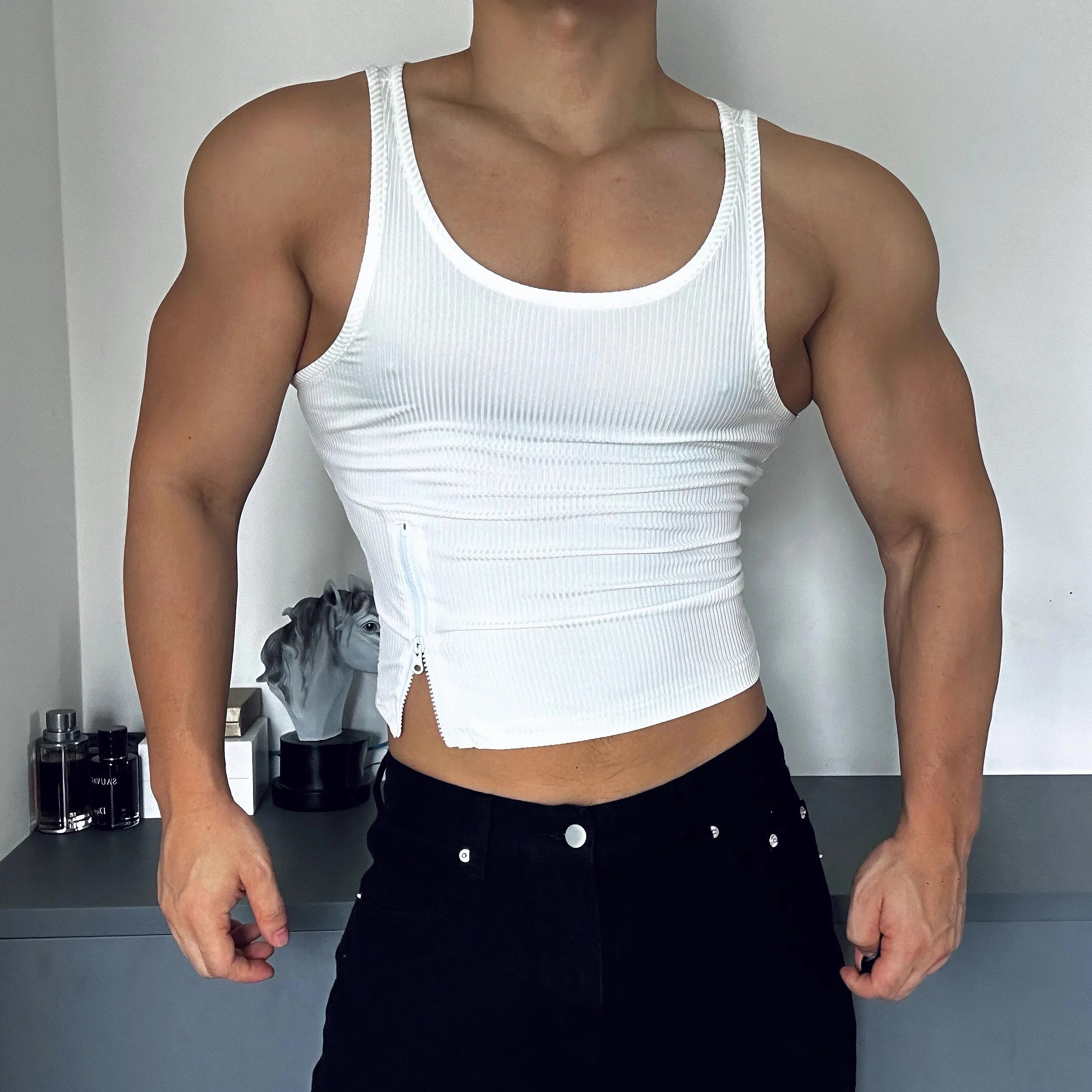 

Super sexy Tank Top With Short Zipper High Elasticity Versatile Fitness Sport Couple Training Clothes Dancer Team Party Bar Wear