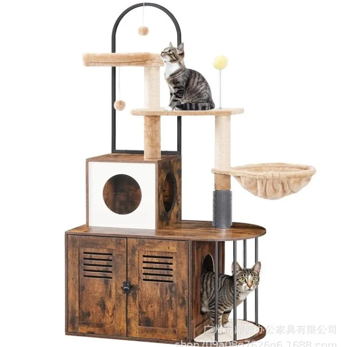Multifunctional Pet Furniture Cat Cabinet with Plush Sisal Post Cat Climbing Rack Breathable Cat Litter Cabinet