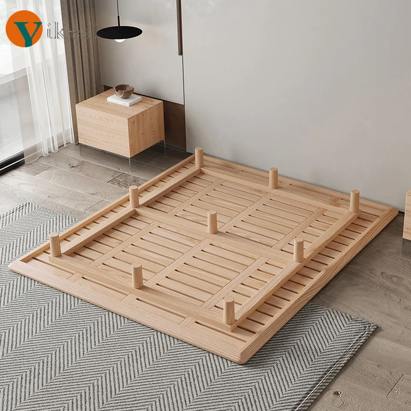 

Suspended bed Nordic ash wood bedside shelf Master bedroom simple all solid wood Double bed with lamp