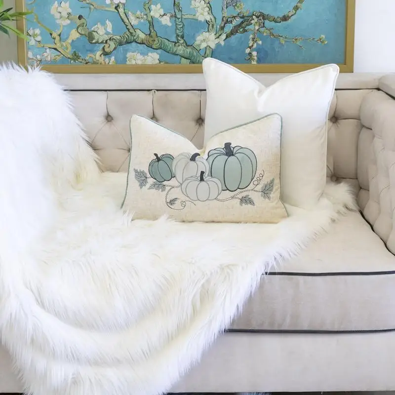 وسادة قطنية مطرزة على شكل يقطين - وسادة خريفية زرقاء ضبابية لديكور المنزل #2