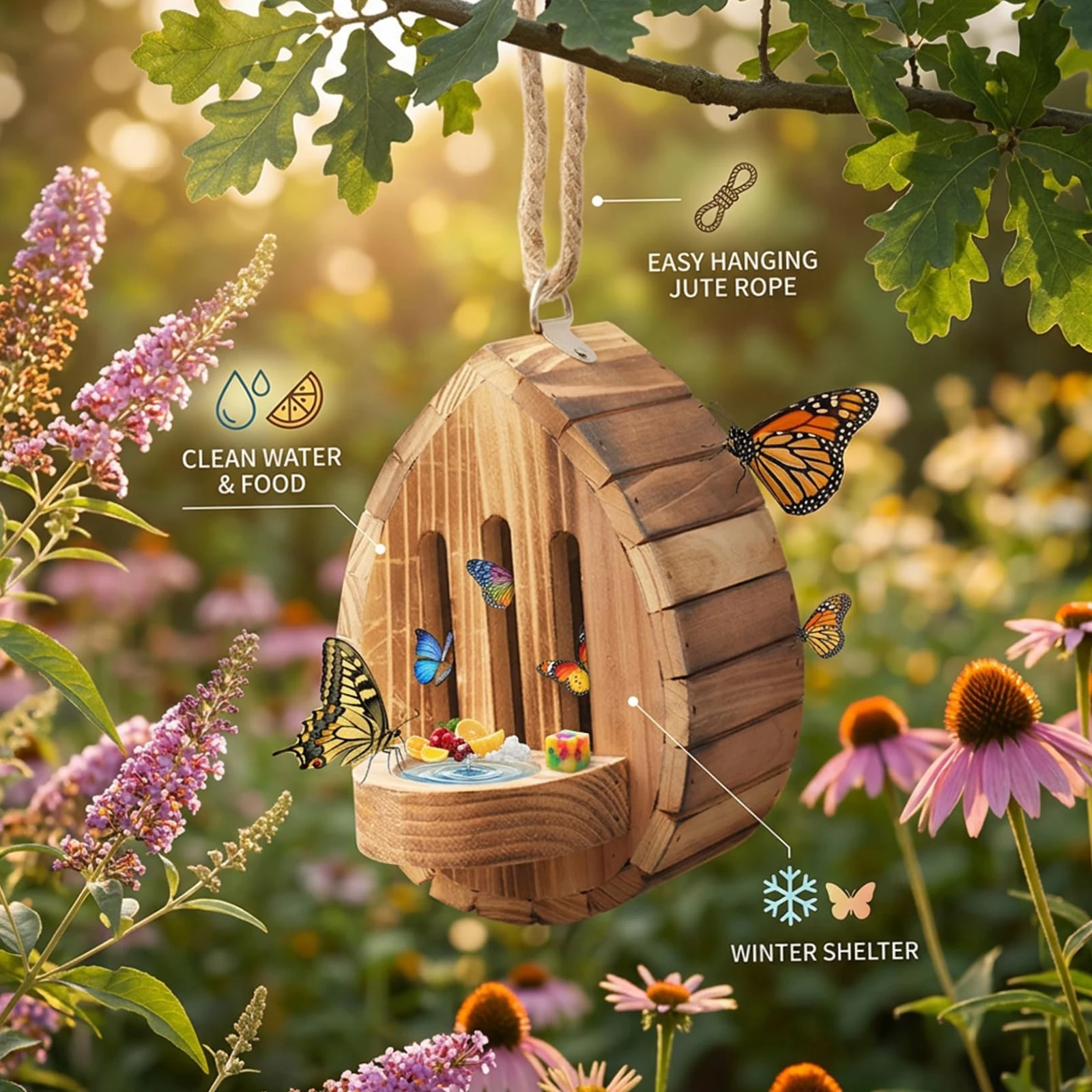Teardrop-Shaped Butterfly House with Rope Wood Butterflies Houses 2In1 Wooden Butterfly Habitat & Feeder for Moths Bee Insect