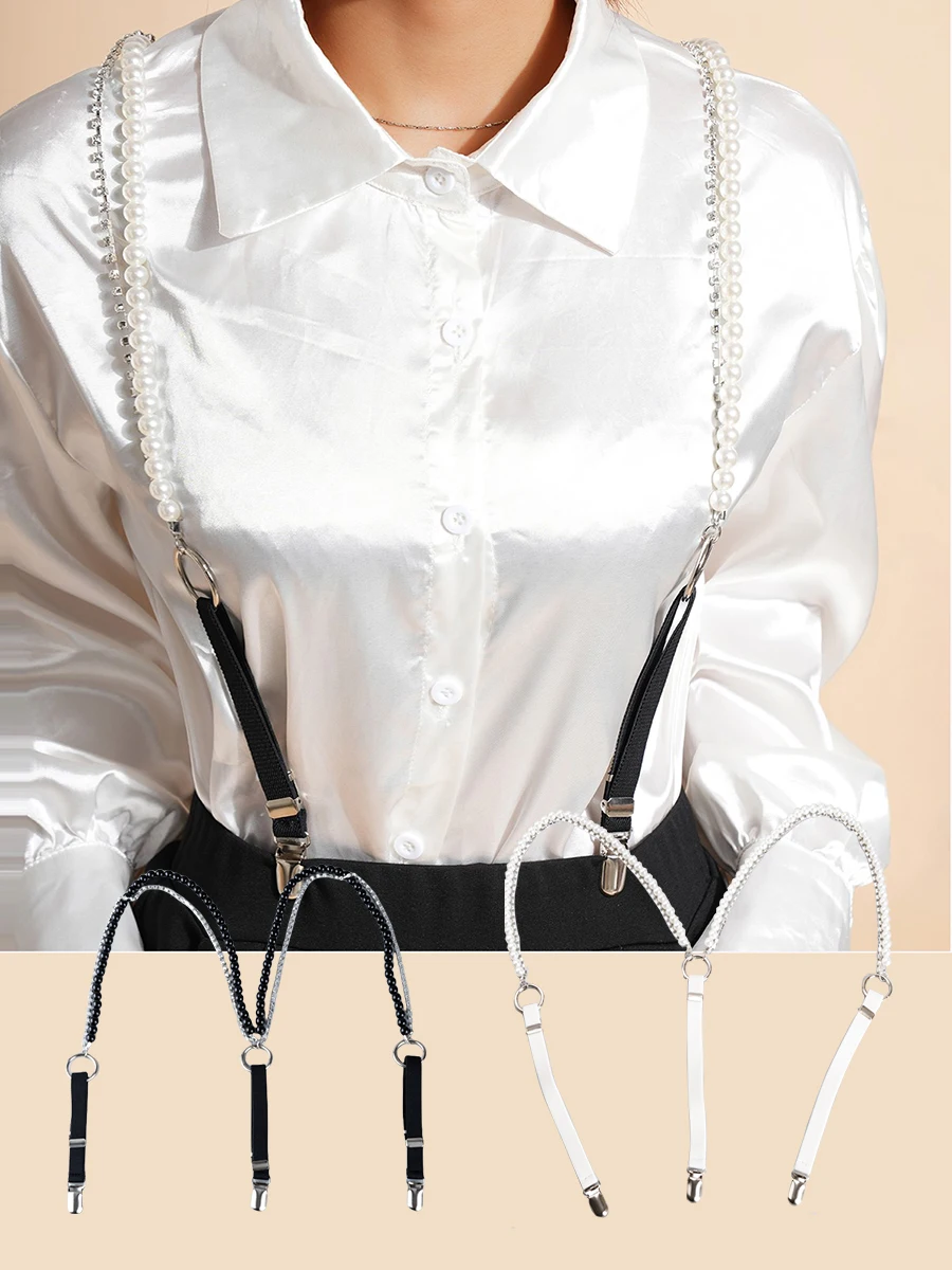 

Rhinestone crystal silver claw bead straps Women's shirt O-ring suspender Rubber elastic waistband Pearl denim overall straps