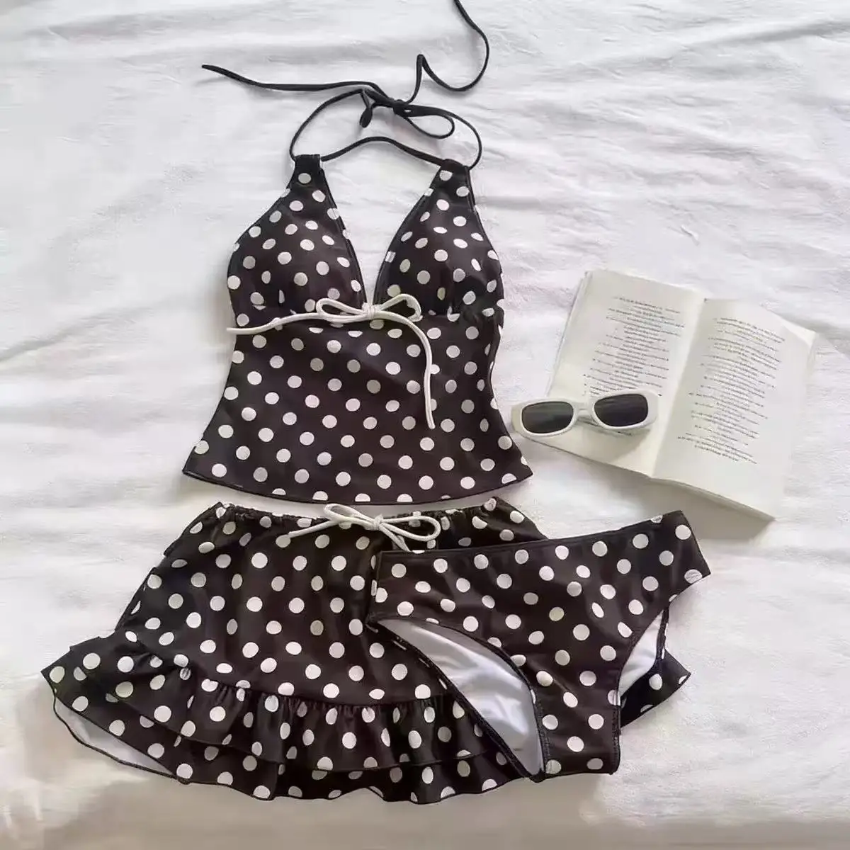 Women 3 Piece Bikinis Set Polka Dot Swimsuit Dots Halter V Neck Tankini Top Ruffle Skirt High Cut Bikini Vintage Bathing Suit