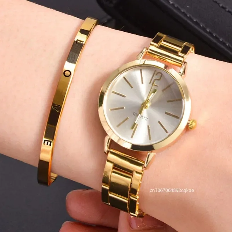 Fashionable Gold  Women's Quartz Watch Bracelet Set Elegant Steel Band Stylish Female Wristwatch
