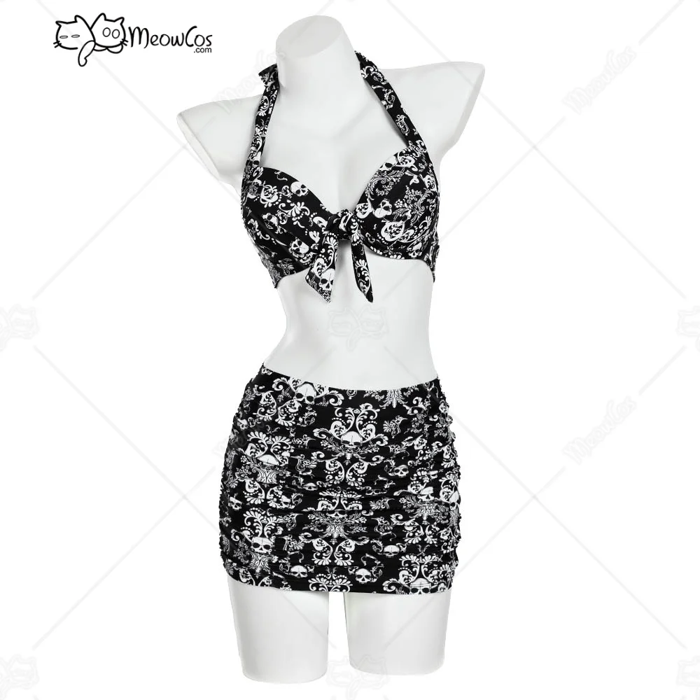 

MEOWCOS Women Haunted Soul Gothic Vintage Skull Pattern Two-Piece Swimsuit Bikini Set Halter Top and Skirt Bathing Suit