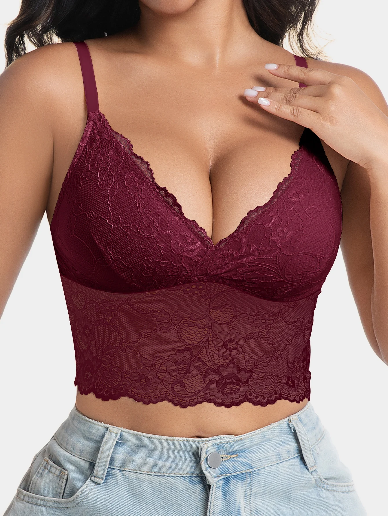Women's Sexy V-Neck Lace Pattern Splicing Camisole Lightweight Wireless Unpadded Adjustable Straps Soft Lace Hollow-Out Back - view 4