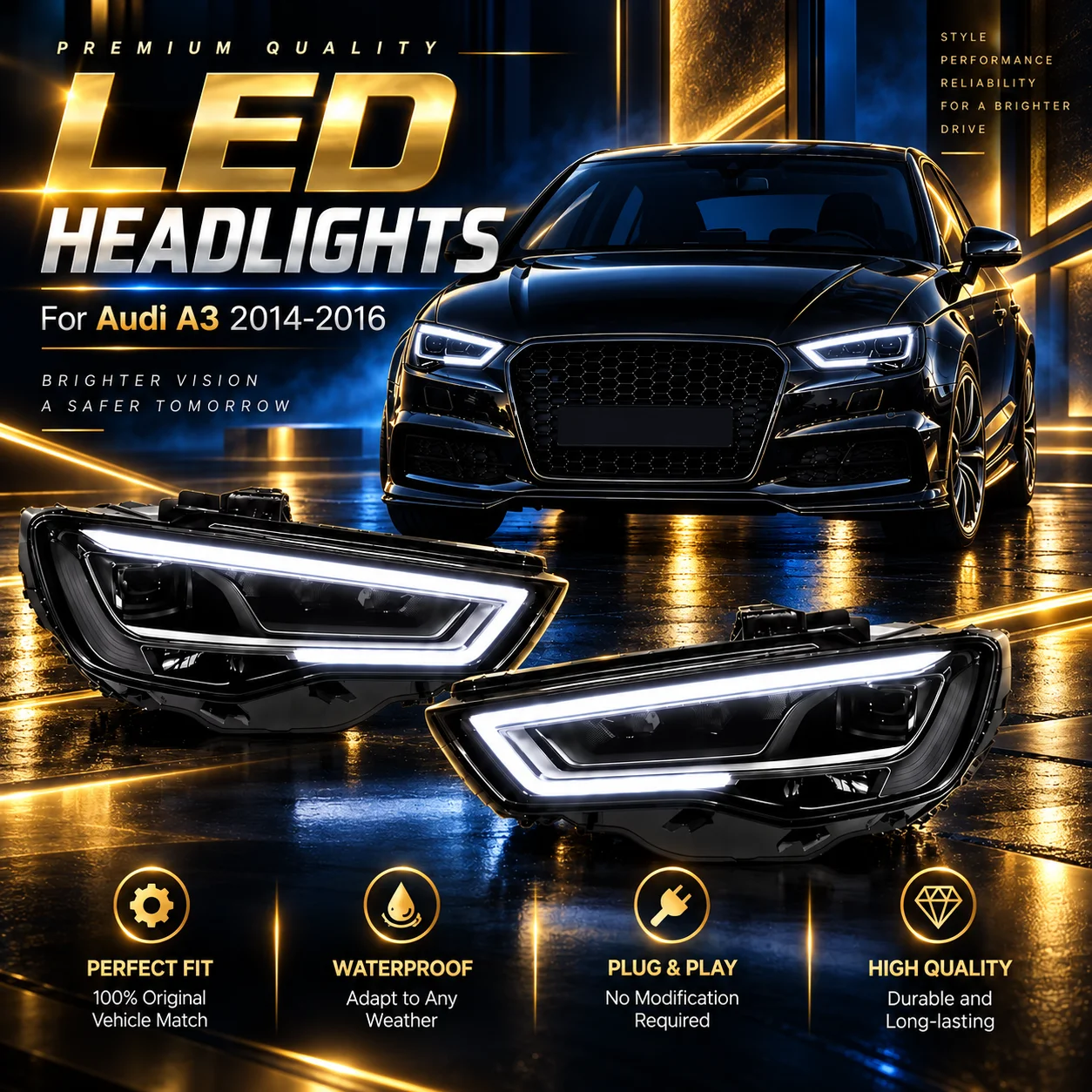 TYPY 2 Stück Autolichter für 2013-2016 Audi A3 Scheinwerfer-Set Modifikation LED-Tagfahrlichter Tagfahrlichter