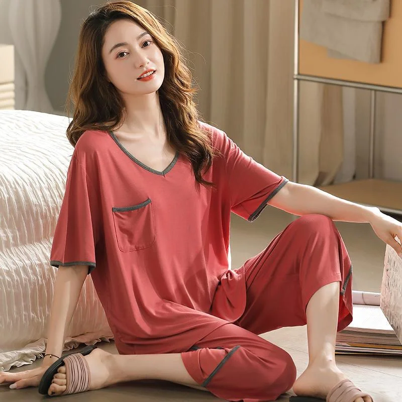 

plus Size Women's Summer Home Clothes Set V-Neck Short Sleeve Thin Loose Fit Seven-Foot Pants Outerwear Casual Style Two-Piec...