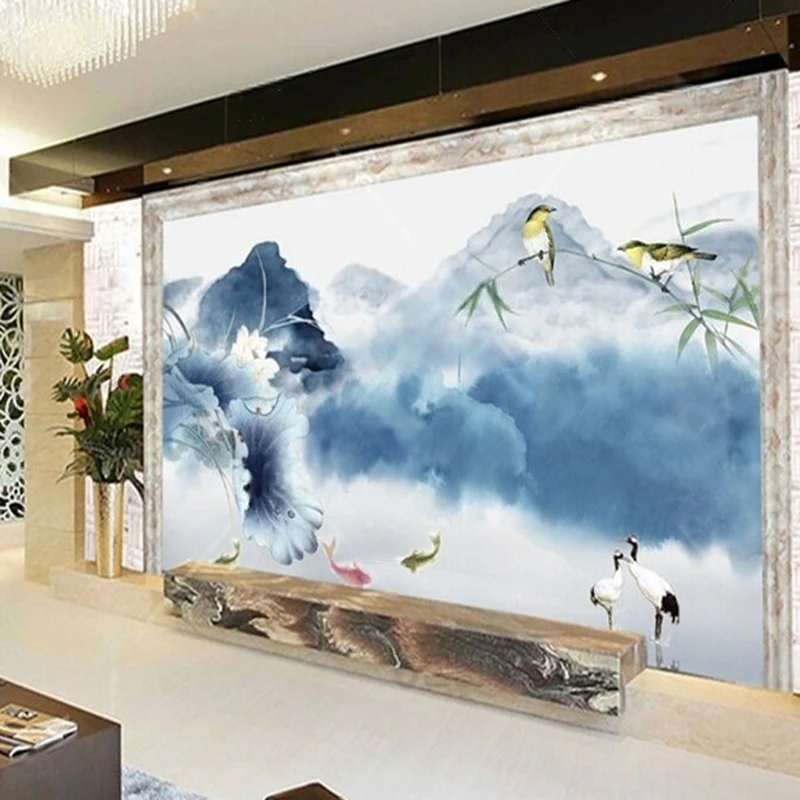 Modern simple new Chinese-style ink-wash lotus TV luxurious home bedroom background wall paper
