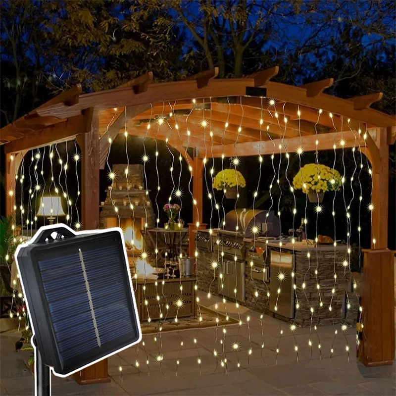 

Outdoor 8 Lighting Modes Solar Curtain Light Christmas LED String Lights Decor Pavilion Wedding Garden Holiday Hanging Lighting