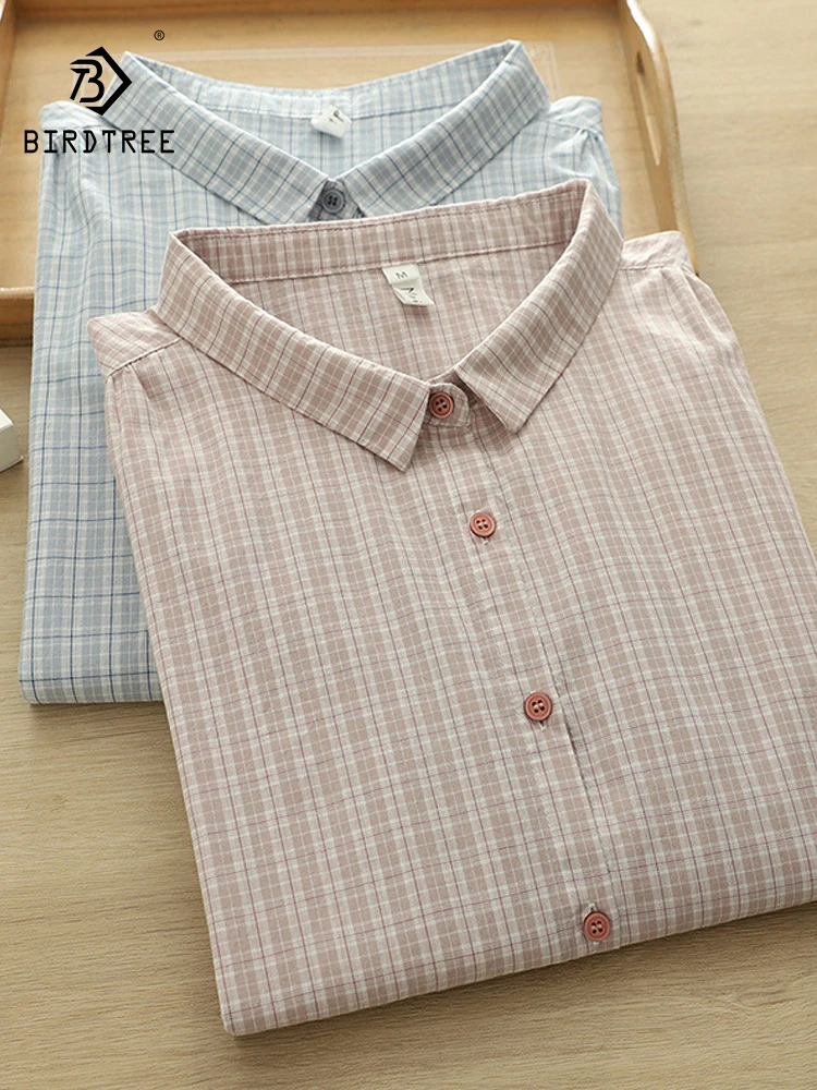 

Новинка 2025, летняя хлопковая рубашка с коротким рукавом, женская клетчатая рубашка с отложным воротником, повседневная универсальная свободная блузка в стиле ретро Mori Girl T57383CC