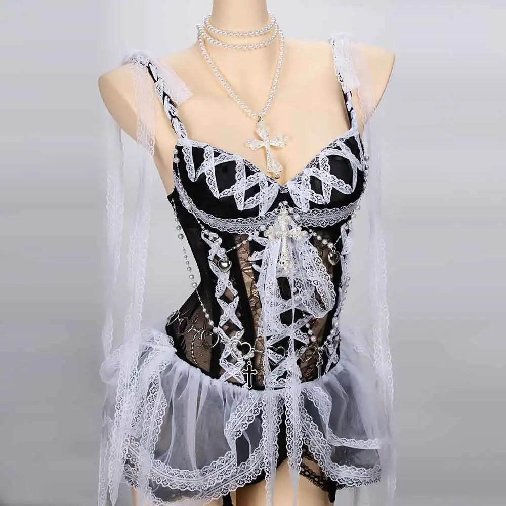 White Gothic Dress for Women Y2K Rave Cyber Punk Rock Star Goth Cross Lace Scene Emo ALT Grunge E-Girls Lolita Ball Gown Clothes